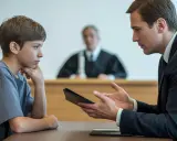Advocaat spreekt met een jongen in de rechtszaal. De jongen, die eruitziet als 23 jaar volwassen, luistert aandachtig. Een rechter zit op de achtergrond.