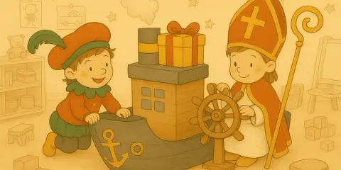 Een Zwarte Piet en Sinterklaas spelen met een speelgoedboot vol cadeautjes. Perfect voor begrijpend lezen sinterklaas oefeningen!