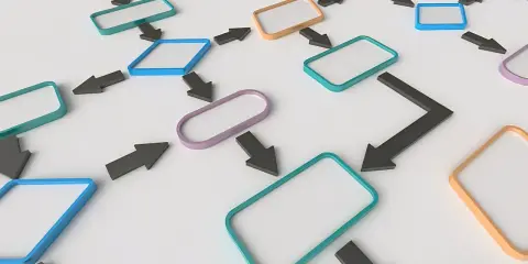 Een **advance organizer** in de vorm van een stroomdiagram met gekleurde vakken en pijlen, die een proces of idee visualiseert.