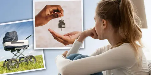 Een meisje denkt na over de toekomst. Een kinderwagen en huissleutels symboliseren de droom van een gezin, maar 1 op de 4 dromen blijven onvervuld.