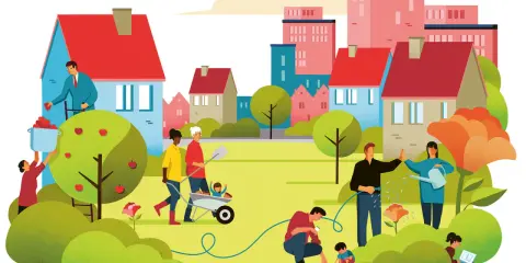 Een diverse gemeenschap werkt samen in een levendige buurt, wat **sociale duurzaamheid** belichaamt. Mensen oogsten appels, verzorgen planten en leren kinderen over de natuur.