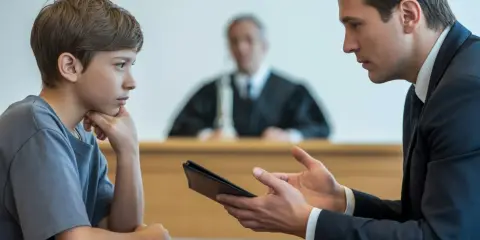 Advocaat spreekt met een jongen in de rechtszaal. De jongen, die eruitziet als 23 jaar volwassen, luistert aandachtig. Een rechter zit op de achtergrond.