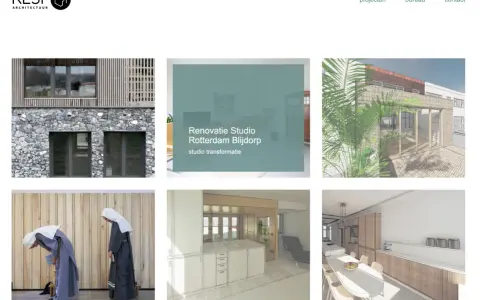 Architectuurprojecten: een portfolio toont een huis met stenen en hout, een studio renovatie, een moderne uitbouw, en interieurontwerpen.