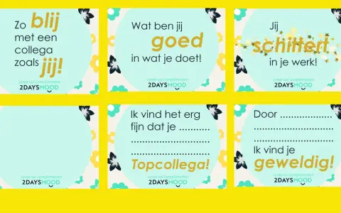 Gratis complimentenkaartjes downloaden met teksten als 'Zo blij met een collega zoals jij!' en 'Jij schittert in je werk!'.
