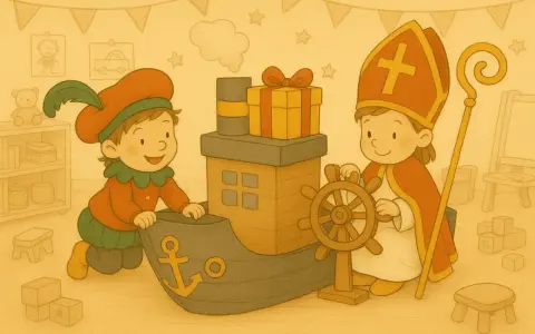 Een Zwarte Piet en Sinterklaas spelen met een speelgoedboot vol cadeautjes. Perfect voor begrijpend lezen sinterklaas oefeningen!