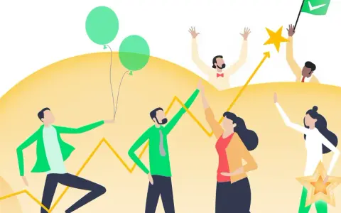 Teamwork en succes: een groep mensen viert successen met ballonnen, sterren en een vlag. De **karakter methode** wordt hier visueel weergegeven.
