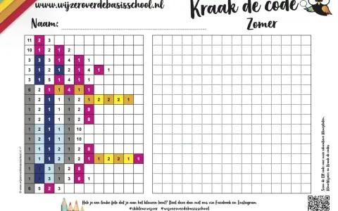 Kraak de code groep 3: een zomerse puzzel met cijfers en vakjes om in te kleuren. Welk figuur komt tevoorschijn?