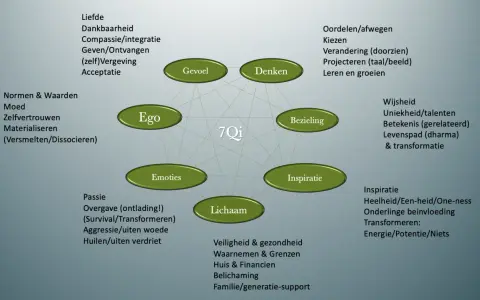 Diagram met 7Qi centra: Ego, Gevoel, Denken, Bezieling, Inspiratie, Lichaam, Emoties. Wat is kwaliteit? Het omvat liefde, wijsheid, passie, en meer.