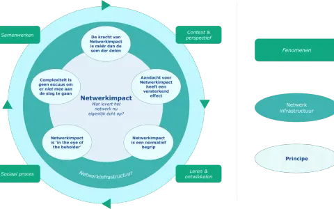 Diagram over netwerkimpact, met elementen als samenwerken, context, fenomenen en principes. Het bevorderen van netwerkimpact staat centraal.
