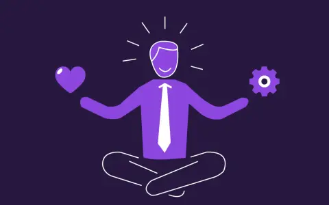 Een projectmanager in meditatie, met een hart (empathie) en een tandwiel (technische vaardigheden) in zijn handen. Essentiële competenties projectmanager.