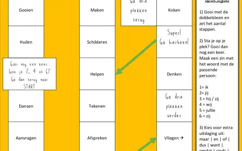 Een bordspel met woorden als 'Gooien', 'Huilen', 'Dansen' en 'Vliegen'. Ideaal voor nt2 spelletjes volwassenen om de woordenschat te oefenen.