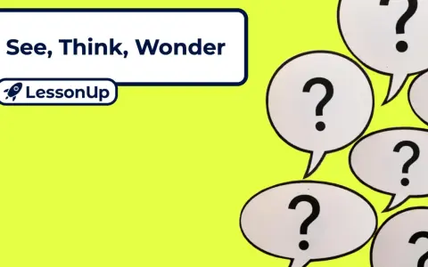 See, Think, Wonder" met vraagtekens in spraakballonnen, een uitnodiging tot verschillende werkvormen.