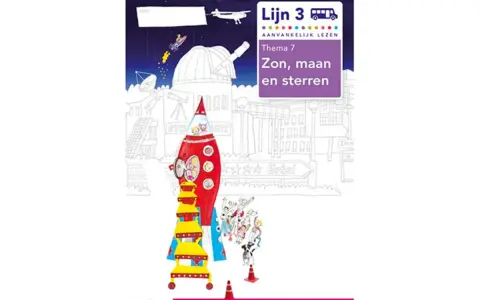 Werkboek Lijn 3, Thema 7: Zon, maan en sterren. Een raket met kinderen en honden staat klaar voor een avontuurlijke reis.