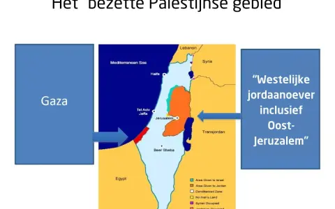Kaart van het "bezette Palestijnse gebied", met Gaza en de Westelijke Jordaanoever. Wat is Gaza? Een gebied aan de Middellandse Zee.