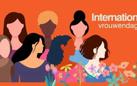 Verschillende vrouwen, met diverse achtergronden, vieren Internationale vrouwendag. Bloemen sieren de voorgrond.