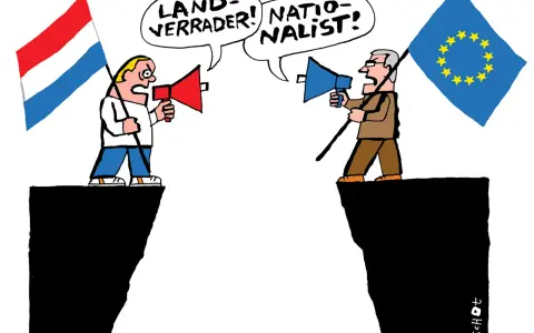 Twee mannen met megafoons, de één met Nederlandse vlag, de ander met EU-vlag, staan op kliffen. Ze schreeuwen naar elkaar: "Landverrader!" en "Nationalist!". Dit illustreert affectieve polarisatie.