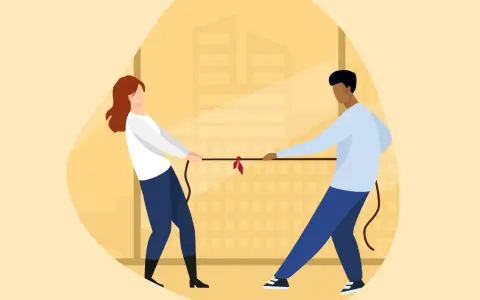 Man en vrouw trekken aan een touw, een metafoor voor conflicten oplossen.