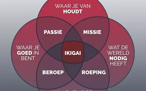 Venn-diagram met 'Ikigai' in het midden, omringd door 'Passie', 'Missie', 'Beroep', 'Roeping', 'Waar je van houdt' en 'Wat de wereld nodig heeft'. Een visuele gids voor je communicatie cursus.