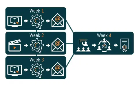 Schema van blended learning voorbeelden: online leren, analyse, e-mail in week 1-3. Week 4: presentatie, groepswerk, certificaat.