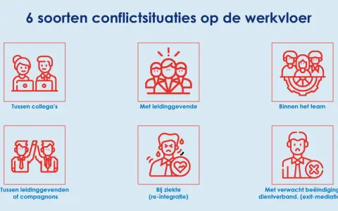 Zes conflictsituaties op de werkvloer: tussen collega's, met leidinggevenden, binnen het team, tussen leidinggevenden/compagnons, bij ziekte (re-integratie) en bij verwacht beëindiging dienstverband (exit-mediation). Arbeids mediation kan hierbij helpen.
