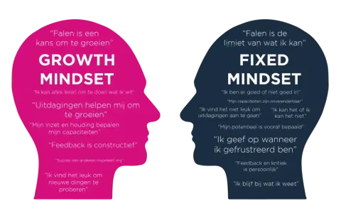 Twee profielen, één met 'Growth Mindset' en positieve quotes, de ander met 'Fixed Mindset' en beperkende overtuigingen.