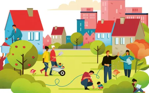 Een diverse gemeenschap werkt samen in een levendige buurt, wat **sociale duurzaamheid** belichaamt. Mensen oogsten appels, verzorgen planten en leren kinderen over de natuur.
