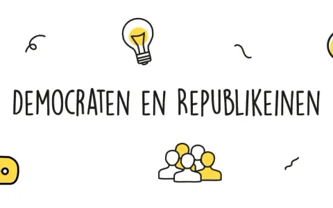 Illustratie met de tekst "DEMOCRATEN EN REPUBLIKEINEN", omringd door iconen van een kortingsbon, een gloeilamp, bubbels, mensen en een perkamentrol.