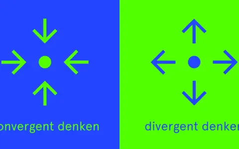 Pijlen wijzen naar een punt, wat **convergent denken** symboliseert. Tegenovergestelde pijlen wijzen weg van een punt, wat divergent denken toont.