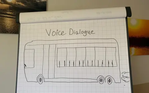 Een bus met "Voice Dialogue" erop, klaar voor een oefening.