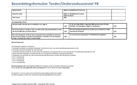 Beoordelingsformulier Tender/Onderzoeksvoorstel P8 met criteria en beoordelingssleutel.