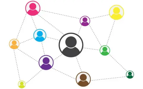 Een sociogram voorbeeld: gekleurde poppetjes met lijnen die hun connecties tonen, met een centraal, groter figuur.