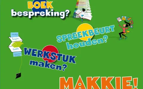 Een illustratie met de tekst "Boekbespreking? Spreekbeurt houden? Werkstuk maken? Makkie!". Dit is een leuke hulp voor groep 4.