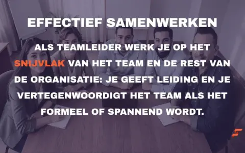 Vier collega's zitten rond een tafel, klaar voor effectief samenwerken. De tekst benadrukt de rol van een teamleider.