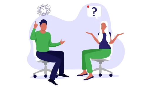 Man en vrouw in gesprek, mogelijk over communicatie met ouders. De vrouw heeft een vraagteken boven haar hoofd.