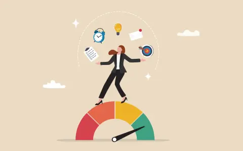 Vrouw balanceert op een meter, omringd door symbolen van productiviteit. Slimmer werken door efficiëntie en focus.