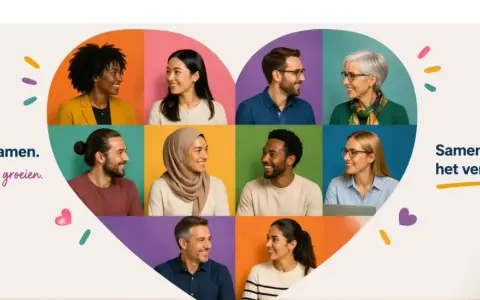 Een hartvormige collage van lachende, diverse mensen. Dit toont een inclusieve werkomgeving waar iedereen samen groeit en het verschil maakt.