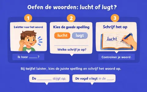 Spelling werkbladen: oefen met luisteren, kiezen en schrijven van 'lucht' of 'lugt'.
