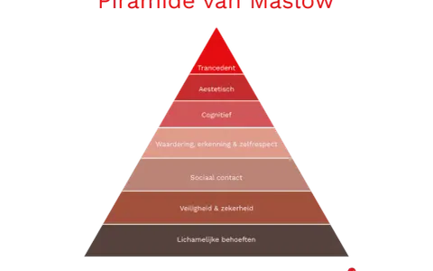 Piramide van Maslow: van lichamelijke behoeften tot transcendentie. Hard werken is nodig om hogere niveaus te bereiken.