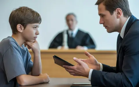 Advocaat spreekt met een jongen in de rechtszaal. De jongen, die eruitziet als 23 jaar volwassen, luistert aandachtig. Een rechter zit op de achtergrond.
