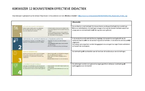 Kijkwijzer 12 bouwstenen effectieve didactiek: Actieve voorkennis, duidelijke instructie, voorbeelden, woord & beeld, observatie.