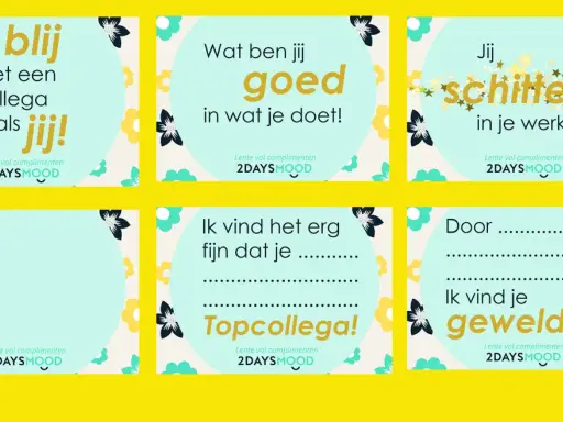 Gratis complimentenkaartjes downloaden met teksten als 'Zo blij met een collega zoals jij!' en 'Jij schittert in je werk!'.