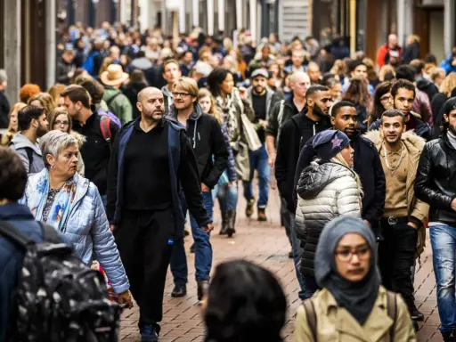 A diverse crowd of people walks down a busy street in the Netherlands.