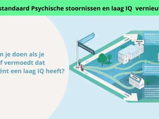 Illustratie van zorgpaden voor patiënten met psychische klachten en een laag IQ. Een kruispunt toont de keuze tussen reguliere GGZ, specialistisch GGZ team of ZVB-zorg.