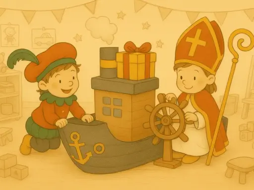 Een Zwarte Piet en Sinterklaas spelen met een speelgoedboot vol cadeautjes. Perfect voor begrijpend lezen sinterklaas oefeningen!