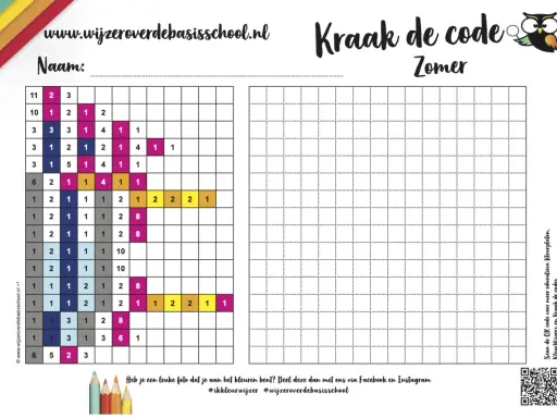 Kraak de code groep 3: een zomerse puzzel met cijfers en vakjes om in te kleuren. Welk figuur komt tevoorschijn?