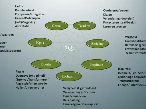 Diagram met 7Qi centra: Ego, Gevoel, Denken, Bezieling, Inspiratie, Lichaam, Emoties. Wat is kwaliteit? Het omvat liefde, wijsheid, passie, en meer.