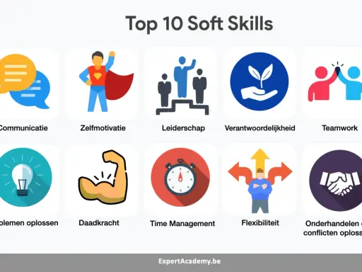 Top 10 soft skills: communicatie, zelfmotivatie, leiderschap, verantwoordelijkheid, teamwork, problemen oplossen, daadkracht, time management, flexibiliteit, onderhandelen.