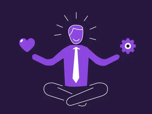 Een projectmanager in meditatie, met een hart (empathie) en een tandwiel (technische vaardigheden) in zijn handen. Essentiële competenties projectmanager.