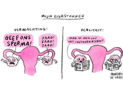 Links: eierstokken schreeuwen om sperma. Rechts: eierstokken lezen cultuurkatern, een beeld van bewust kinderloos.