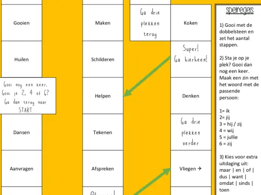 Een bordspel met woorden als 'Gooien', 'Huilen', 'Dansen' en 'Vliegen'. Ideaal voor nt2 spelletjes volwassenen om de woordenschat te oefenen.
